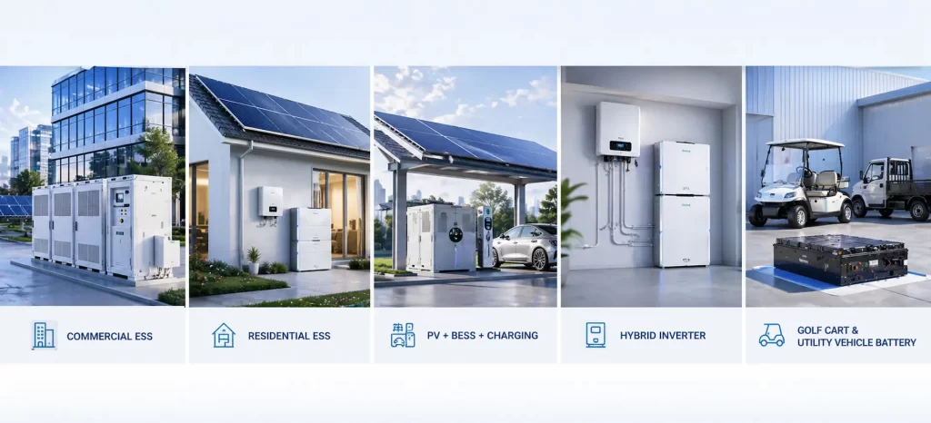 battery energy storage solutions for commercial ESS residential ESS solar PV BESS charging hybrid inverter and utility vehicle battery applications