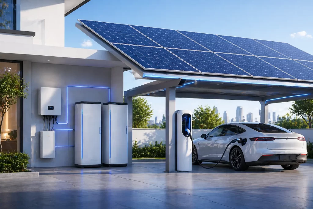 integrated solar panels battery storage system and EV charging station in smart energy solution