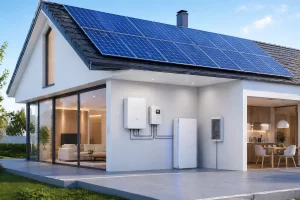 home energy storage battery system in modern house with rooftop solar panels