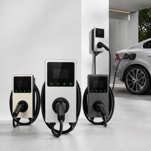 Flyfine 11.5kW wall-mounted EV charger in white, black and dark grey with EV charging scene