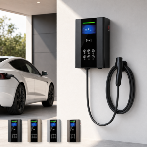 Wall-mounted EV charger with cable in a modern home garage charging scene