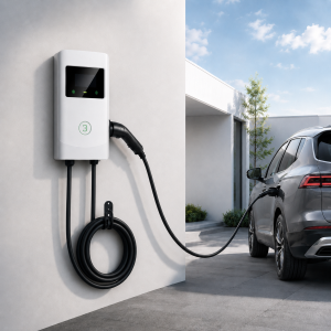 Flyfine wall-mounted EV charger charging a gray electric SUV at a modern home