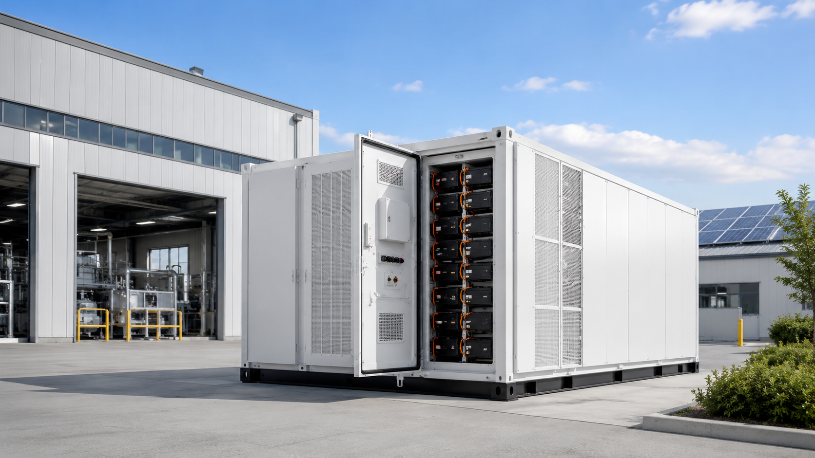 Commercial energy storage system for factories with LiFePO4 battery container and solar panels