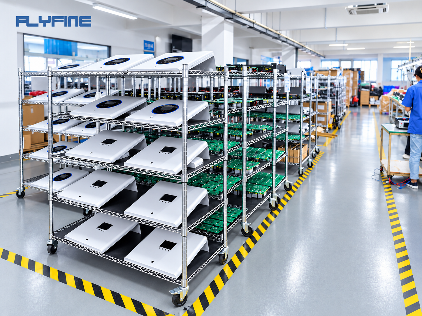 Semi-finished inverter housings and PCB boards on production racks