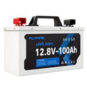 FLYFINE 12.8V 100Ah metal case LiFePO4 battery with carrying handle and covered terminals